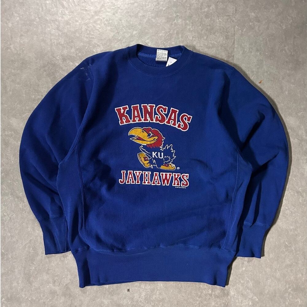 90's Vintage Kansas Jayhawks Blue Crewneck -L
